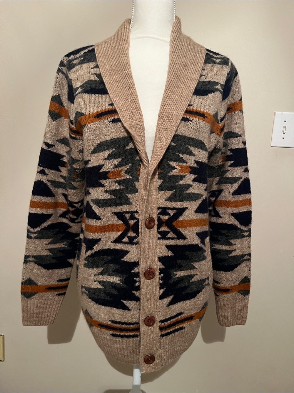 Men's Beige Patterned Shawl Collar Cardigan with Navy & Brown Accents